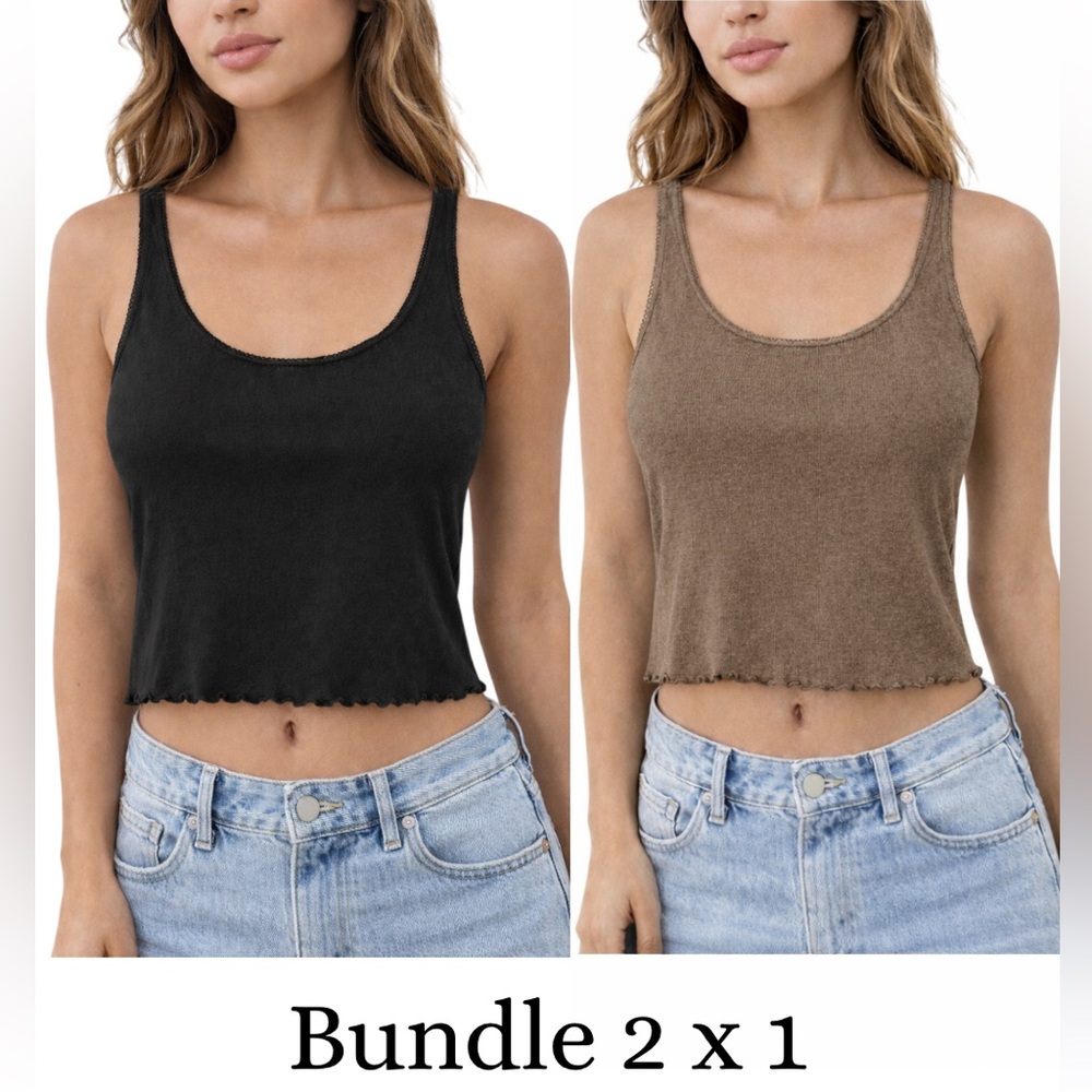 American Eagle Outfitters Ribbed Crop Tank Tops Bundle (2) Black & Taupe Size M